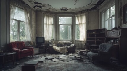 Sticker - An abandoned room with worn furniture, dusty surfaces, and scattered papers.