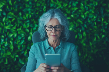 Wall Mural - A woman in her 50s with gray hair and glasses uses a tablet in a modern office.