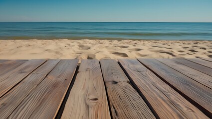 Wooden floor or plank on sand beach in summer. For product display.Calm Sea and Blue Sky Background