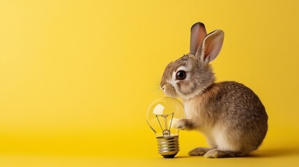 Wall Mural - Cute Rabbit Holding Light Bulb on Yellow Background