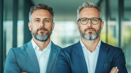 Canvas Print - Two caucasian men in suits stand with arms crossed.