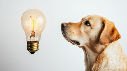 Thoughtful Dog with Light Bulb Concept in Background