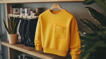 Wall Mural - Stylish Yellow Sweatshirt on Wooden Shelf: Perfect Poster for Sports Interior, Showcasing Relaxed Fit, Large Pocket, Lightweight Fabric & Trendy Rounded Neckline!