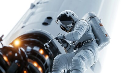Wall Mural - an astronaut performs maintenance on a rocket, showcasing space exploration and technology.
