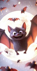 Sticker - A cheerful cartoon bat flying in front of a large, glowing moon, creating a whimsical atmosphere.