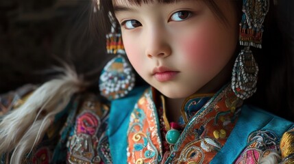 Portrait photography of a young girl in traditional Mongolian costume, highlighting the intricate details of her dress and accessories