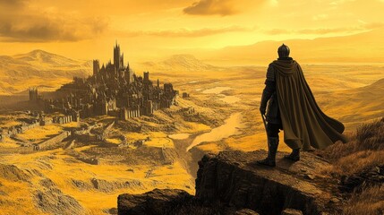 Wall Mural - A lone figure gazes over a golden landscape towards a distant medieval city.