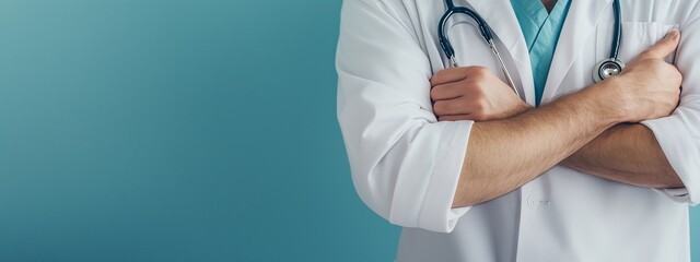  Horizontal image of doctor with hands crossed on chest with stethoscope on isolated light background with copy space. For banner, design, medical clinic, examination, World Lung Cancer Day