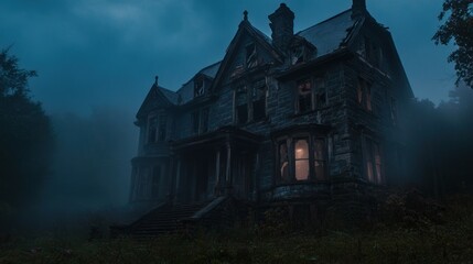 Sticker - A mysterious, fog-shrouded mansion with an eerie glow from a window.