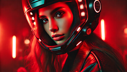 A portrait of a young woman wearing a futuristic helmet with glowing red neon lights