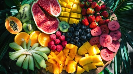 A vibrant assortment of fresh fruits arranged artistically on a wooden platter.