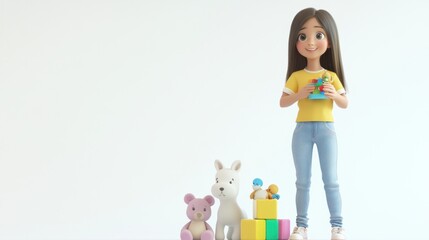 Poster - A cheerful animated girl holding a toy, surrounded by plush animals and building blocks.