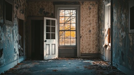 Wall Mural - An abandoned room with peeling wallpaper and a view of autumn trees through a window.