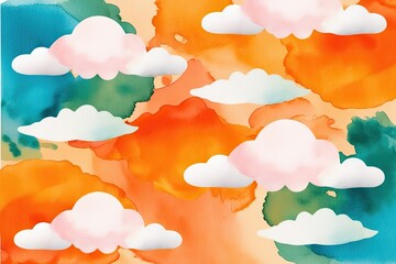 Whimsical Watercolor Background with Vibrant Orange Hues and Cheerful Clouds