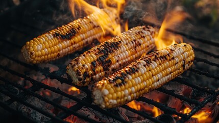 Canvas Print - Grilled corn on the cob over an open flame, showcasing a popular summer cooking method.