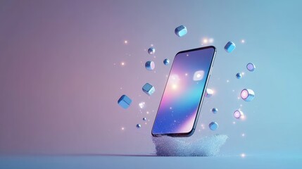 Wall Mural - a floating smartphone surrounded by glowing cubes and sparkles in a colorful background.