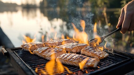 Wall Mural - Grilling salmon fillets over an open flame by a serene water body.