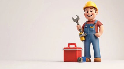 Canvas Print - A cheerful cartoon character in work attire holding a wrench next to a toolbox.