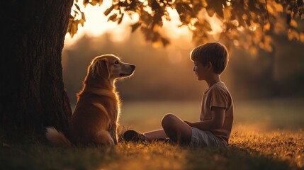 Canvas Print - A boy and a dog share a quiet moment under a tree during sunset.