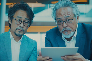 Two Asian businessmen look at a tablet.