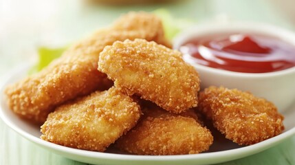 Poster - A plate of golden-brown chicken nuggets served with a side of ketchup.