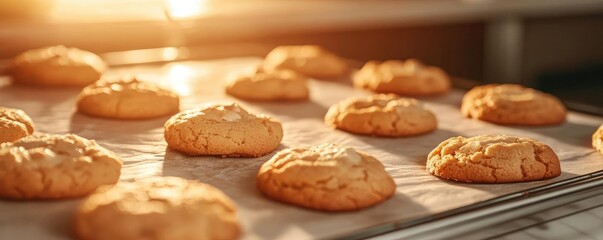 Freshly baked cookies cooling on a tray, golden brown and delicious, perfect for indulging or sharing with friends and family.