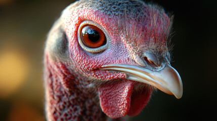 Close up of turkeys face and beak, showcasing its vibrant colors and intricate details. striking features and textures evoke sense of curiosity and admiration for this unique bird