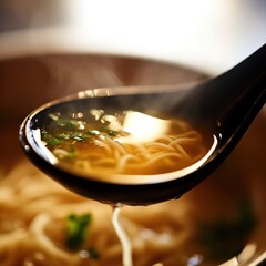 A close-up of a steaming bowl of soup with noodles and herbs in a black spoon.