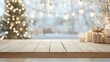 © NN AI - Empty wooden table with gift boxes, blurred background with Christmas tree and festive golden lights. Christmas and New Year concept. Winter holidays postcard, banner, background with copy space.