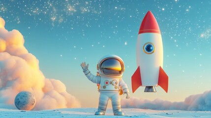 Wall Mural - An astronaut waves beside a colorful rocket on a celestial landscape.