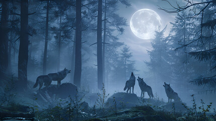 Naklejka na meble Symphony of the Moon: A pack of wolves howls in unison under a breathtaking full moon, their silhouettes stark against the misty blue forest. 