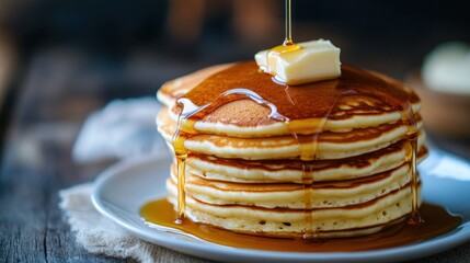 Canvas Print - A stack of fluffy pancakes topped with butter and syrup on a plate.