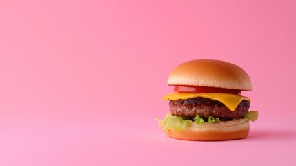 A delicious cheeseburger with lettuce, tomato, and cheese against a pink background.