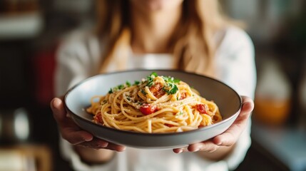 Poster - A person holding a plate of spaghetti garnished with herbs, showcasing a delicious meal.