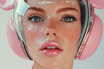 A close-up portrait of a futuristic woman with sparkling makeup and a stylish helmet, showcasing beauty and innovation.