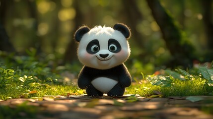 A cute and playful panda character in a lush green forest, radiating joy and charm amidst vibrant nature.