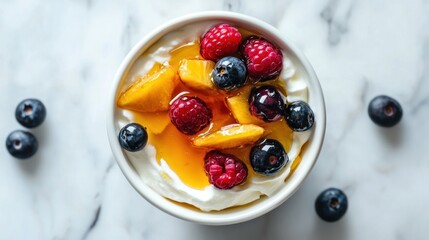 Canvas Print - A bowl of yogurt topped with fruits and honey, perfect for a healthy breakfast or snack.