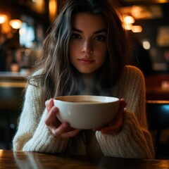 Canvas Print - A young woman holds a steaming bowl in a cozy café setting.