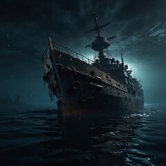 80 years old  destroyed military ship underwater, dark environment