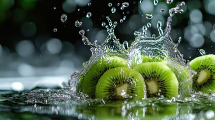 Wall Mural - Fresh kiwis splashing into water, capturing a vibrant and refreshing moment.