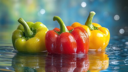 Sticker - Three colorful bell peppers sitting on a reflective surface with a blurred background.