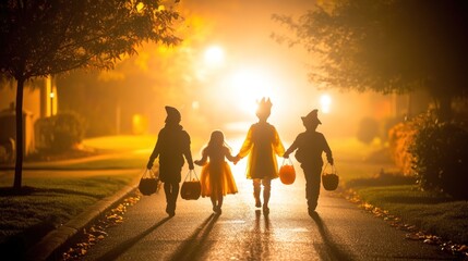 Wall Mural - A group of children in costumes walking down a foggy street, celebrating Halloween.