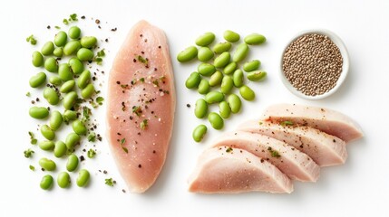 Canvas Print - Fresh chicken breast with edamame and sesame seeds arranged artistically for culinary presentation.