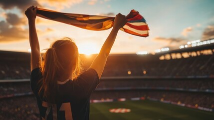 Sticker - A fan waves a flag in a stadium during a sunset, celebrating a sports event.