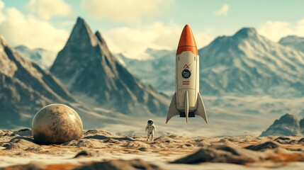 Wall Mural - an astronaut stands near a rocket and a large sphere on a distant, mountainous landscape.