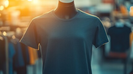 Wall Mural - A mannequin displays a plain gray t-shirt in a retail store with a soft background light.