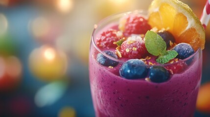 Canvas Print - A colorful smoothie topped with berries and citrus, served in a glass.