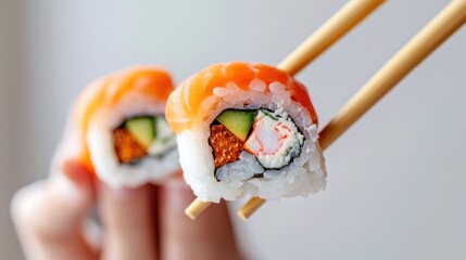 Close-up of sushi held with chopsticks, showcasing colorful ingredients.