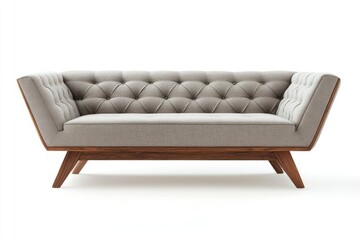 Chic modern sofa with button tufts and angular wooden legs isolated white background , ai