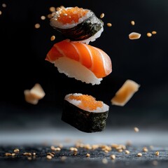 Wall Mural - A visually striking arrangement of sushi pieces floating against a dark background.